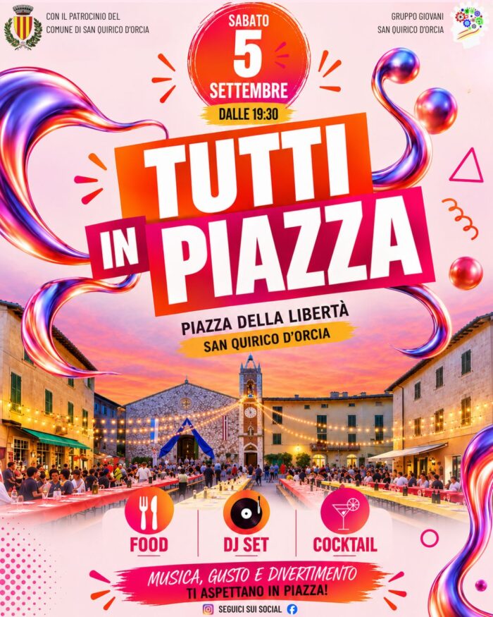 Yellow And Orange Photographic Sunset Party Poster (Post Instagram (4:5)) - 20 Tutti in piazza San Quirico d'Orcia